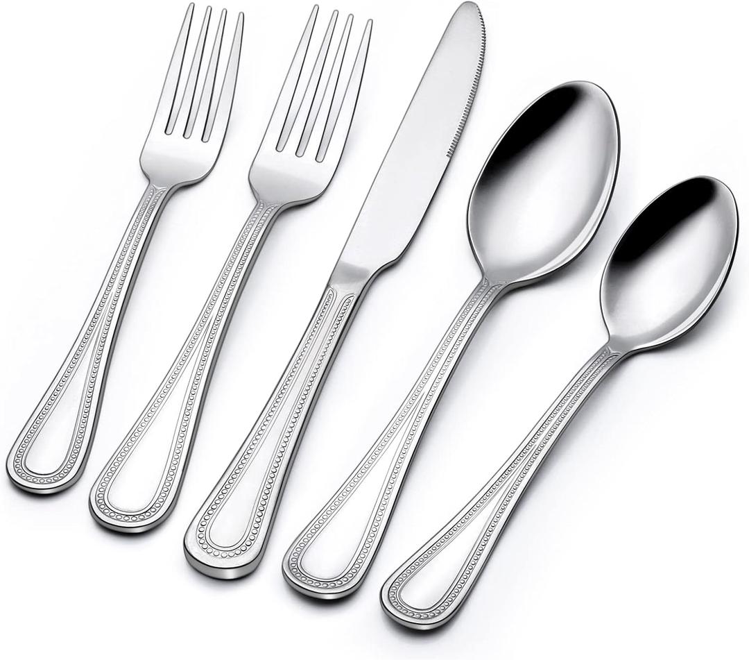 40 Piece Silverware Set for 8, Terlulu Stainless Steel Flatware Set, Mirror Polished Cutlery Set Utensil Set, Tableware Include Forks Spoons Knives for Home Restaurant, Beaded Handle, Dishwasher Safe