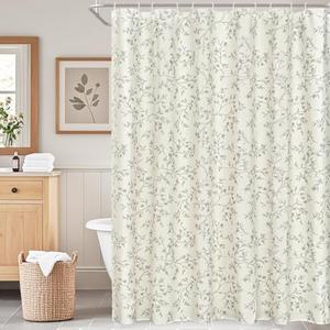 Fammio Grey Floral Shower Curtain Linen, Twiggy Leaves Flower Shower Curtain for Bathroom, Luxury Farmhouse Chic Bathroom Décor 183x 183