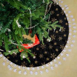 Christmas Tree Skirt, Black Velvet Tree Skirt, Xmas Part Decorations for Christmas Tree, with Plush Gold White Snowflake Christmas Tree Decoration, Tree Skirt Mat (35.4 Inch/90cm)