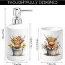 FYSUIMU Highland Cow Bathroom Toothbrush Holder Set Watercolor Rustic Cow Wildflower Ceramic Soap Dispenser with Tooth Brush Organizer for Modern Countertop Decor Set