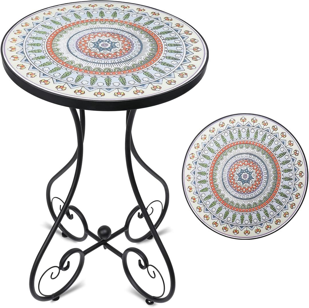 VCUTEKA Mosaic Outdoor Side Table, Round Rustproof Patio Tables with 14" Ceramic Tile Top, Indoor Porch Accent Table for Yard, Garden, Living Room, Bistro Balcony, Green, round, 14" diameter x 21" height