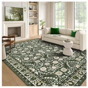 Large Living Room Rug Dark Green Floral Area Rugs Machine Washable Rug 8x10 Boho Area Rug TPR Non Slip Room Carpet Stain Resistant Rugs for Bedroom,Kids,Dining Room,Oriental