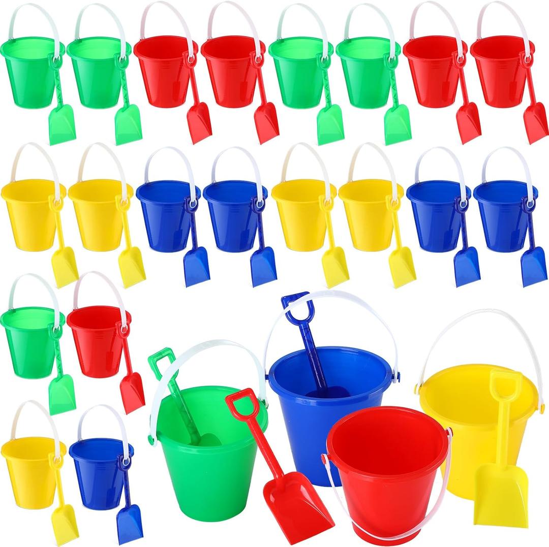 Sratte 24 Beach Sand Castle Buckets and Shovels Set,Includes 24 Pcs Plastic Sand Pails and 24 Pcs Shovels 5 Inch Small Kids Shovel for Boys Girls Toddlers, 4 Colors