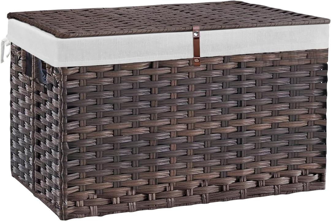 180L Wicker Storage Basket with Lid, Handwoven Rattan Large Shelf Basket with Removable Liner, 47.6 Gallon Wicker Basket for Blanket, Storage Trunk with Handle for Closet, Bedroom, Livingroom, Brown (180 L(31.5 x17.72 x 19.68 Inches))