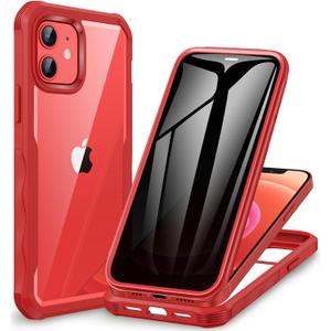CENHUFO Privacy for iPhone 12 Case/iPhone 12 Pro Case, Full Body Phone Case with Built-in 9H Tempered Glass Privacy Screen Protector and Camera Lens Protector, Shockproof Bumper Clear Cover -Red