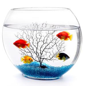 Okllen Mini Glass Fish Bowl, Oblate Small Fish Tank with Blue Aquarium Decor Sands and Plastic Coral Branch Tree Ornament for Betta Fish Aquarium, 1Gallon