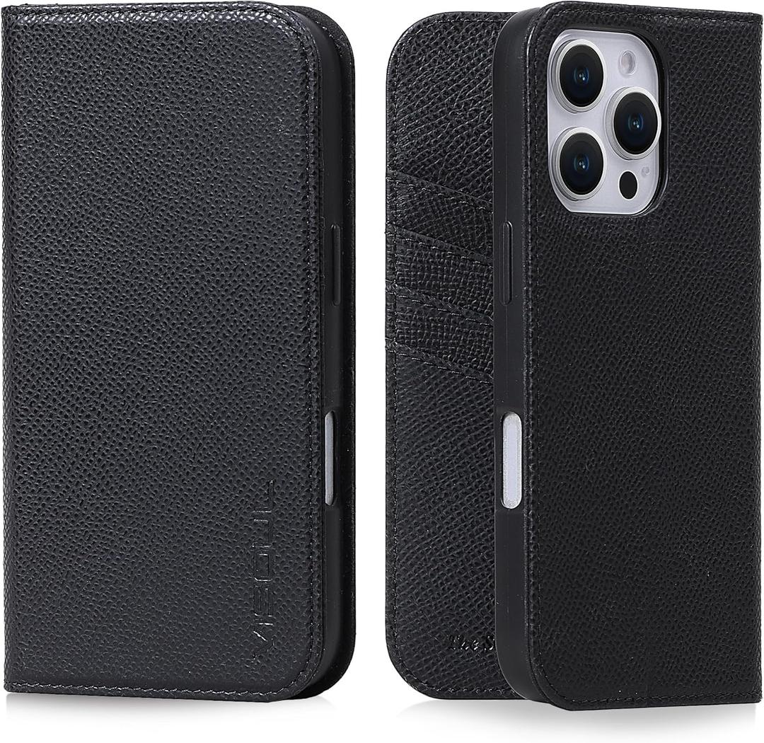 VISOUL Genuine Leather Case for iPhone 16 Pro Max Wallet Case with Card Holders, Magnetic Kickstand Flip Folio Cover Compatible with iPhone 16 Pro Max (6.9-inch)-Black