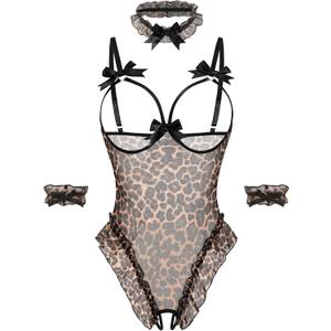 Avidlove Womens Lingerie Bodysuit 4 Piece Set Sheer Mesh Teddy Babydoll with Detachable Collar and Wrist Cuffs (Black, S)