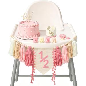 1/2 Birthday Girl High Chair Banner - 3PCS Half Birthday Decorations with Half Birthday Hat Cake Candle, Half Way to One Decorations Kit for Baby Girl 6 Month Party Photoshoot Props（Pink＆white）