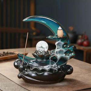 Moon Backflow Incense Burner,Ceramic Incense Cone Holder, Incense Waterfall Fountain,Backflow Incense Holder with 60 Backflow Incense Cones and 40 Incense Sticks