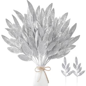Sggvecsy 40 Pieces Artificial Glitter Leaf Silver Glittered Spray Picks 13 Fake Floral Leaf Branches Xmas Decoration for Christmas Tree DIY Wreath Crafts Gift Home Decoration(Silver,40 Pieces)