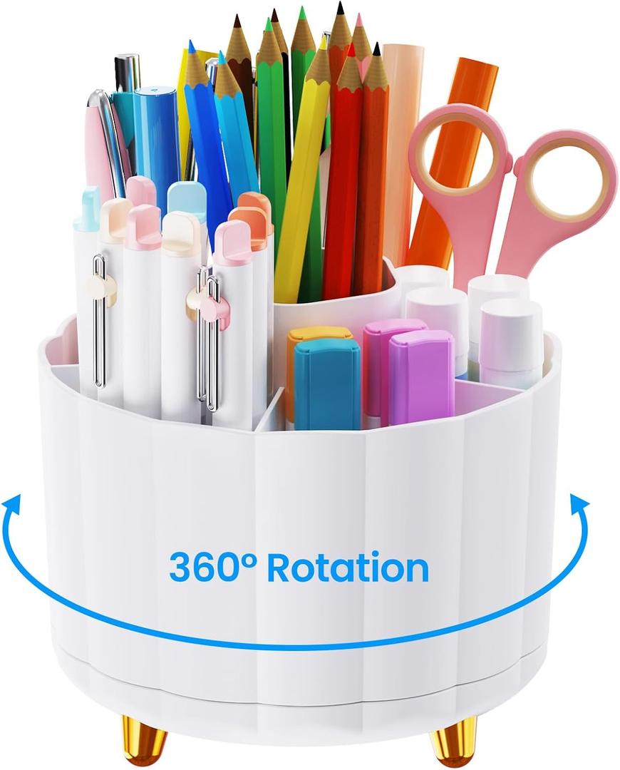 Pencil Holder for Desk 360 Rotating, Pen Holder for Desk or Classroom, Pencil Cup & Pen Organizer, Rotating Caddy, Makeup Brush Holders with 6 Slots, White