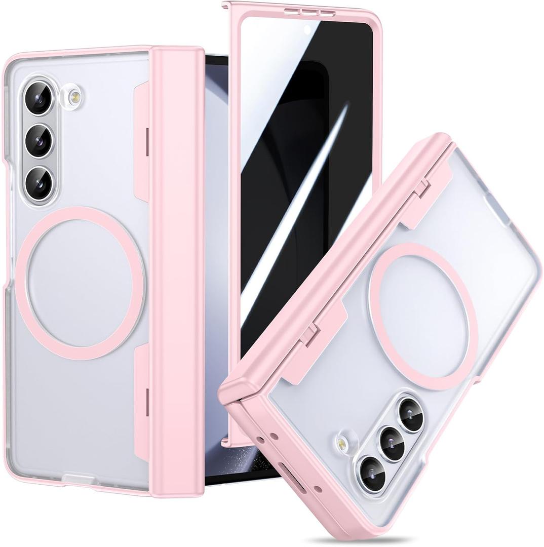 VEGO for Z Fold 5 Case, with Front Privacy Screen Protector & Hinge Protection, Compatible with MagSafe, Magnetic Ring Translucent Slim Anti-Spy Protective Case for Samsung Galaxy Z Fold 5 - Pink