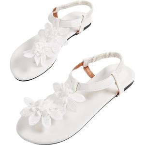 GORGLITTER Women's Flower Thong Flat Sandals Floral Open Toe Ankle Strap Vacation Beach Flats Shoes Size 40 (White)