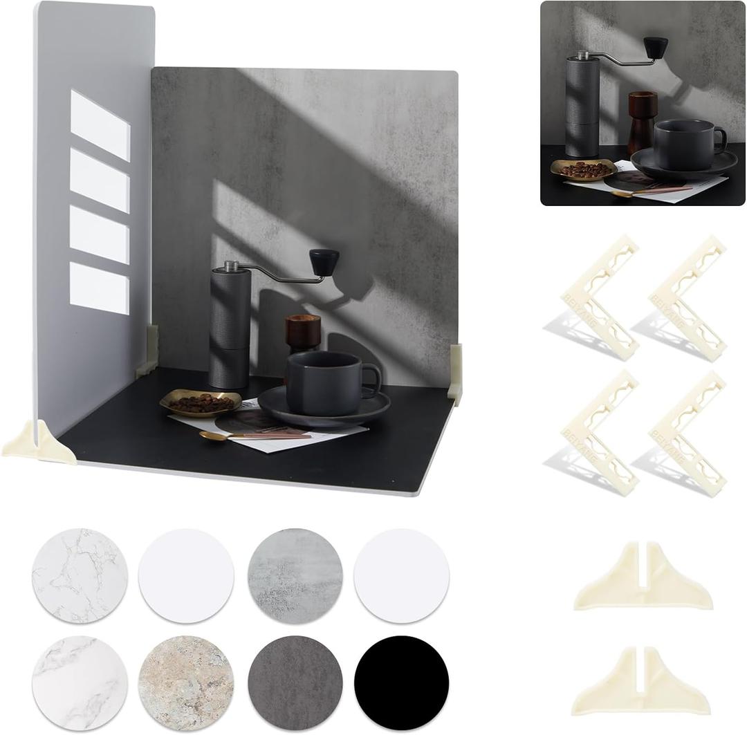 BEIYANG 4PCS 16x16 Inch Backdrop Boards and 1PCS 15x19 Inch Window Shadow Pane, Perfect Backdrop Kit for Small Product Such as Food Drink Make-up Flower, Durable Waterproof