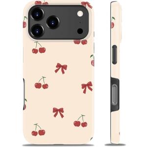 Goodon for iPhone 17 Pro Case - Wireless Charging - Dual-Layer Hard Shell & Silicone Cover - Protective Phone Case with Cute Wildflower Designs for Women - Sweet Cherry Bowtie