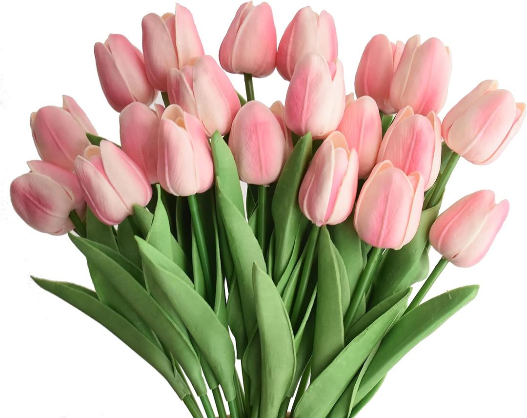 20pcs Artificial Tulips Flowers Fake Faux PU Tulip Bouquet Real Touch Flower Arrangement for Home Room Office Party Wedding Decoration Excellent Gift Idea for Mothers Day (Pink)