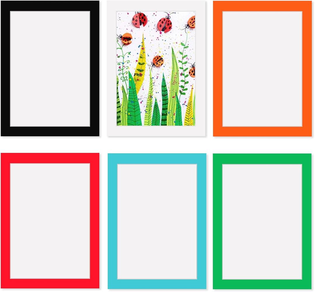 Eco-Friendly A4 Cardboard Photo Frames Set of 6 - Removable Adhesive Ultra-Thin Frames for 21x29.7cm Pictures/Documents,No-Residue Easy Peel for Wall,Glass,Tile (White,Black,Green,Blue,Orange,Red)