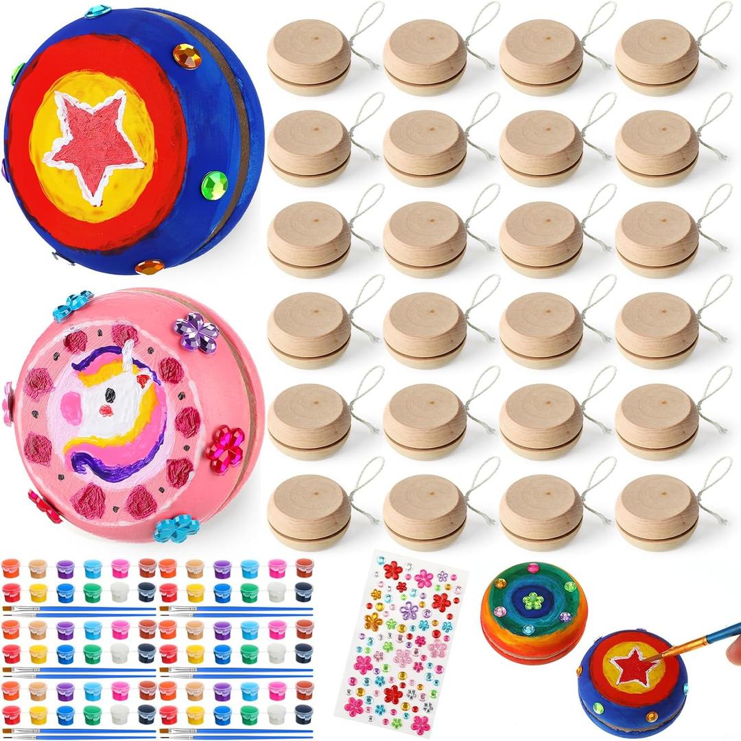 Weysat 24 Set Painted Wooden Yoyo Craft Kit Paint Your Own DIY Custom Small Yo-yo Bulk with Paint Brush Sticker Goodie Bags Stuffers Return Gifts for Operation Christmas Birthday