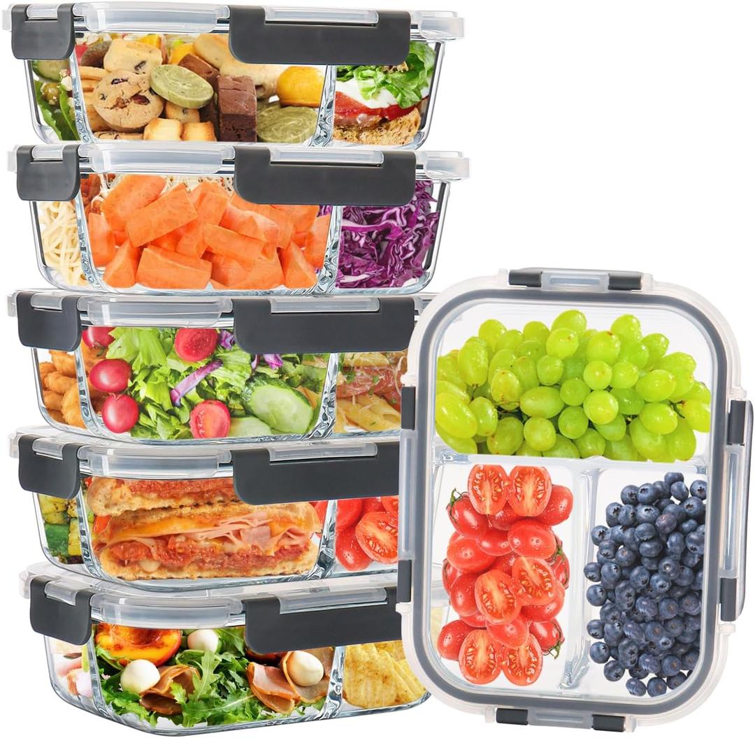 6 Pack 3 Compartment Glass Meal Prep Containers with Lids, 34oz, Grey