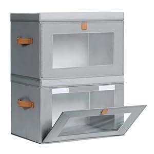 Large Closet Storage Organizer - Clothes Storage Bins with Handles & Window, Collapsible Decorative Boxes with Lids, Fabric Containers for Living Room, Dorm, 2 Pack, Grey