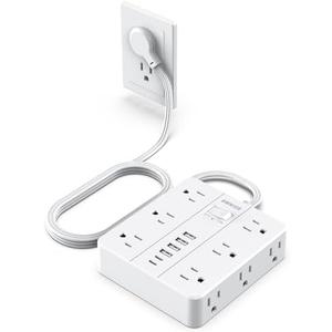 Power Strip Flat Plug with 12 Outlets 6 USB(2 USB C),SMNICE Surge Protector Charging Station with Overload Protection,5ft Extension Cord Widely Spaced Multiple Outlets for Home Office Dorm Essentials, White