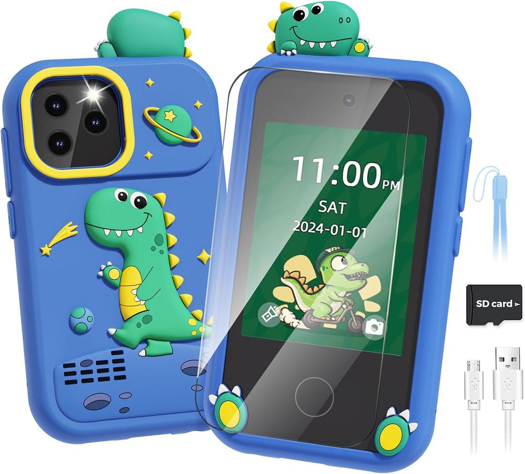 Smart Phone for Kids Toys Age 4-6, Christmas Birthday Gifts Dinosaur Toddler Toys for Boys 5-7, Touchscreen Dual Camera Kids Cell Phone for Boys Age 8-10, with Games, SD Card, Screen Protector