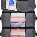 3 Pack Storage Bags, 45L Foldable Clothes Storage Bins with Lids, Closet Organizers Blanket Storage Bags with Zippers Clear Window Sturdy Handles for Clothing Bedding Comforter Sweater Pillows (Gray)