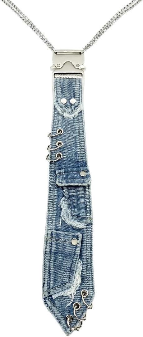 Denim Tie, Distressed Denim Necktie with Pockets, Grunge Style Metal Chain Necktie (Blue)