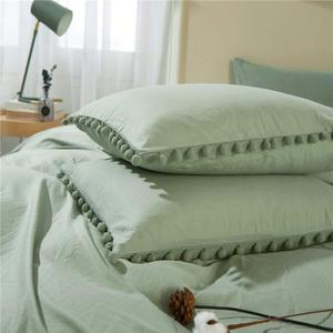Pom Standard Size Pillow Shams Set of 2, Boho Ball Tassel Trimmed Pillowshams, Pompom Fringe Cute Microfiber Pillowcases, 20x26 Inch, Sage Green