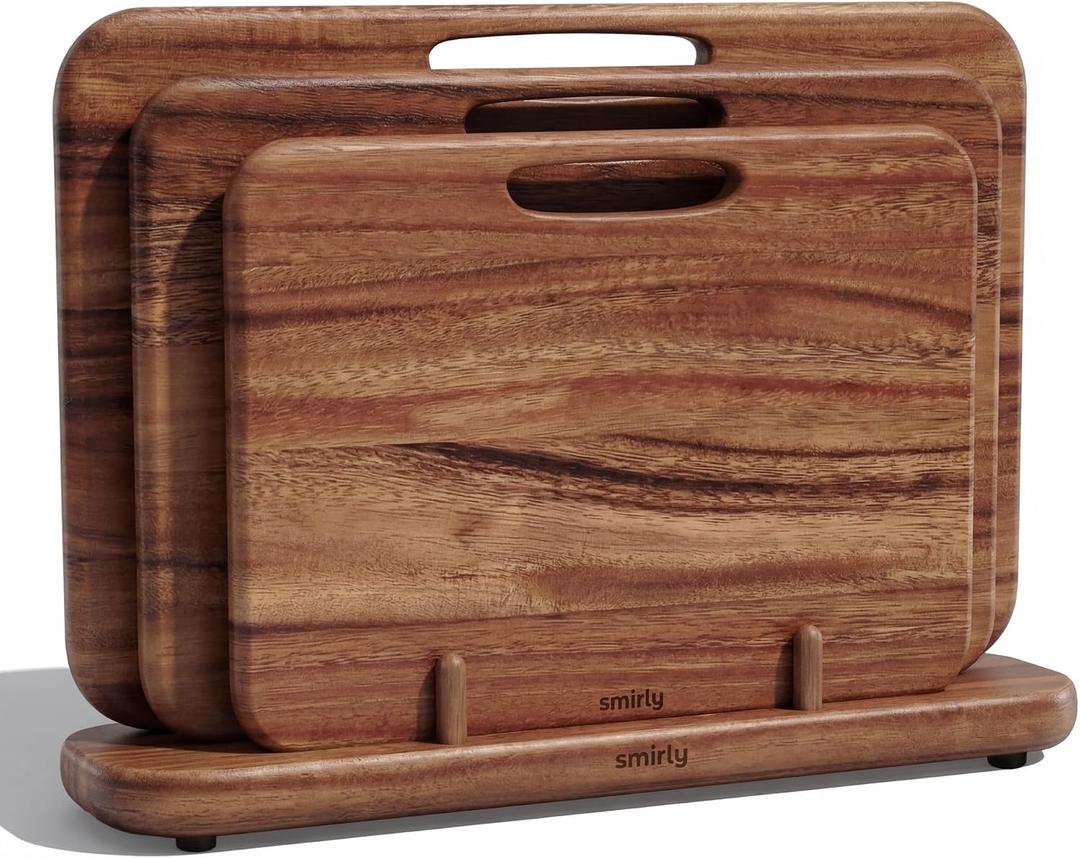 3 x SMIRLY Wooden Cutting Boards for Kitchen, Double-Sided Cutting Board with Handle, Heavy Duty Solid Walnut Wood Cutting Board Set with Stand, 3 Pcs Cutting Boards Non Toxic for Meat Vegetable Fruit
