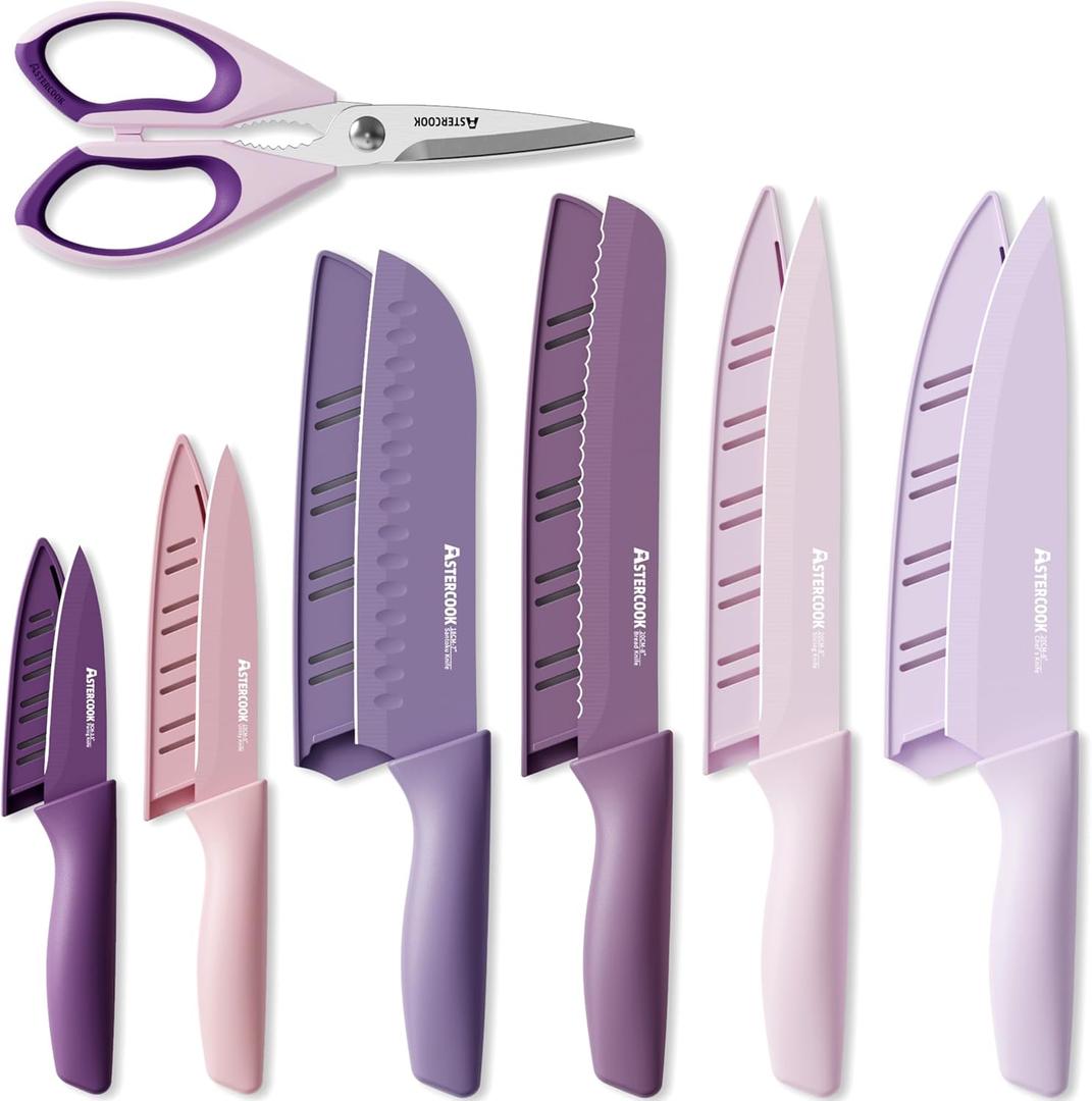 Astercook Knife Set, 13 Pieces Kitchen Knives Set with Healthy Anti-Rust Coating, Dishwasher Safe, Stainless Steel Chef Knife Sets with 6 Blade Guards, Perfect Holiday Gifts for Kitchen Purple (Large)