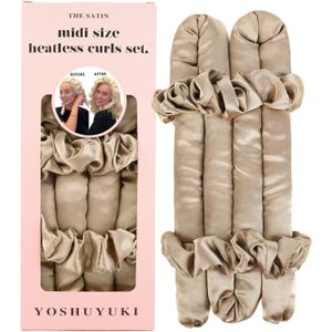 Midi Heatless Curls Overnight Hair Curlers to Sleep in Small Hair Rollers for Short Medium Hair No Heat Overnight Curls, Soft Satin Flexi Rods Heatless Curling Rod Set Styling Tools for Women (0.98" MIDI, Oat)