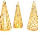 Table Top Christmas Tree Decorations with Fairy Lights,Gold Mercury Glass Finish, Holiday Table Centerpiece and Mantle Decor Set of 3 Assorted Trees