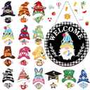 Qunclay 31 Pcs Diamond Painting Magnetic Interchangeable Gnome Sign DIY Holiday Seasonal Gnome Wooden Welcome Hanging Front Door Home Party Wreath Decoration with Magnet Detachable Hat and Hand