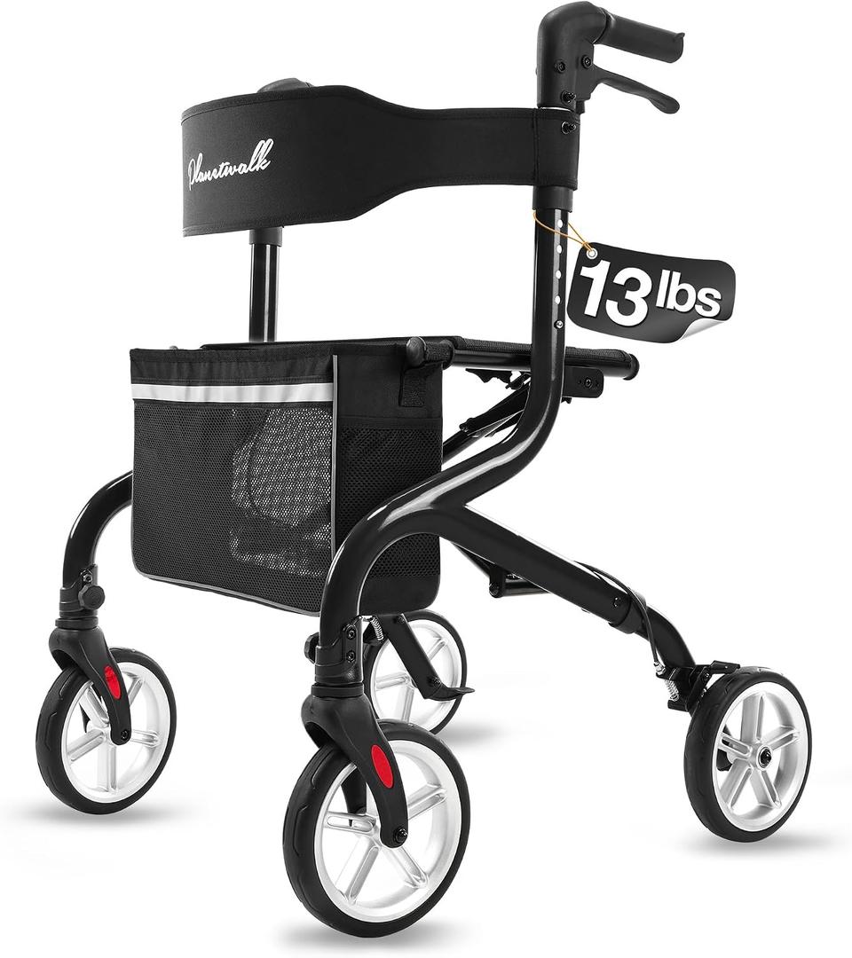PLANET WALK Super Lightweight Rollator Walker for Seniors, Foldable Rolling Walker with Seat and 8" Rubber Wheels for All Terrain, Unique Design Aluminium Frame Sturdy Walkers for Traveling - Black