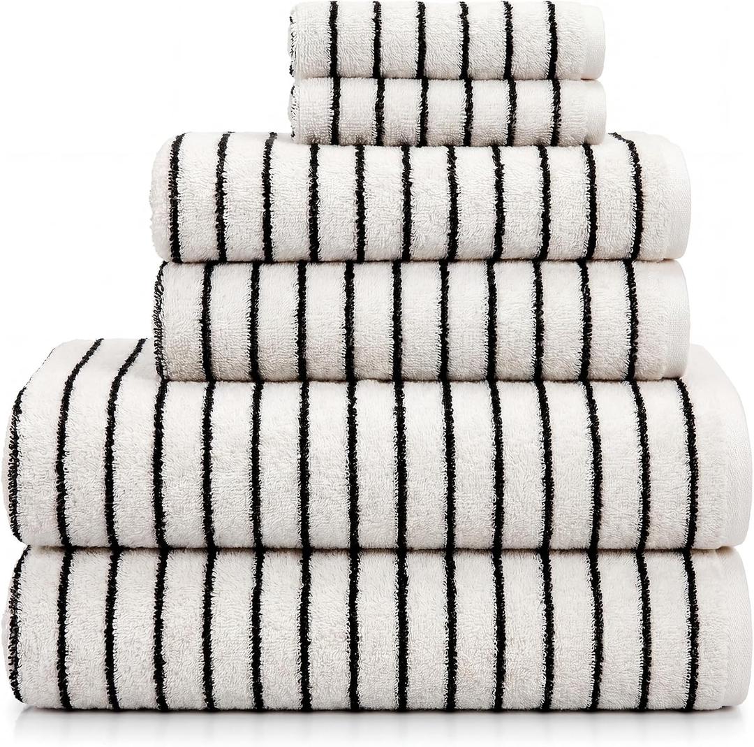 6 Pack Black and White Striped Bath Towels Set Cotton Absorbent Shower Towels for Bathroom Pool Spa Decor Contains Soft Bath Towel, Hand Cloth, and Wash Cloth