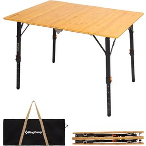 KingCamp Bamboo Folding Table, 4-Fold Camping Adjustable Height Portable Outdoor Lightweight & Compact Table with Aluminum Frame for RV Picnic BBQ Tailgating