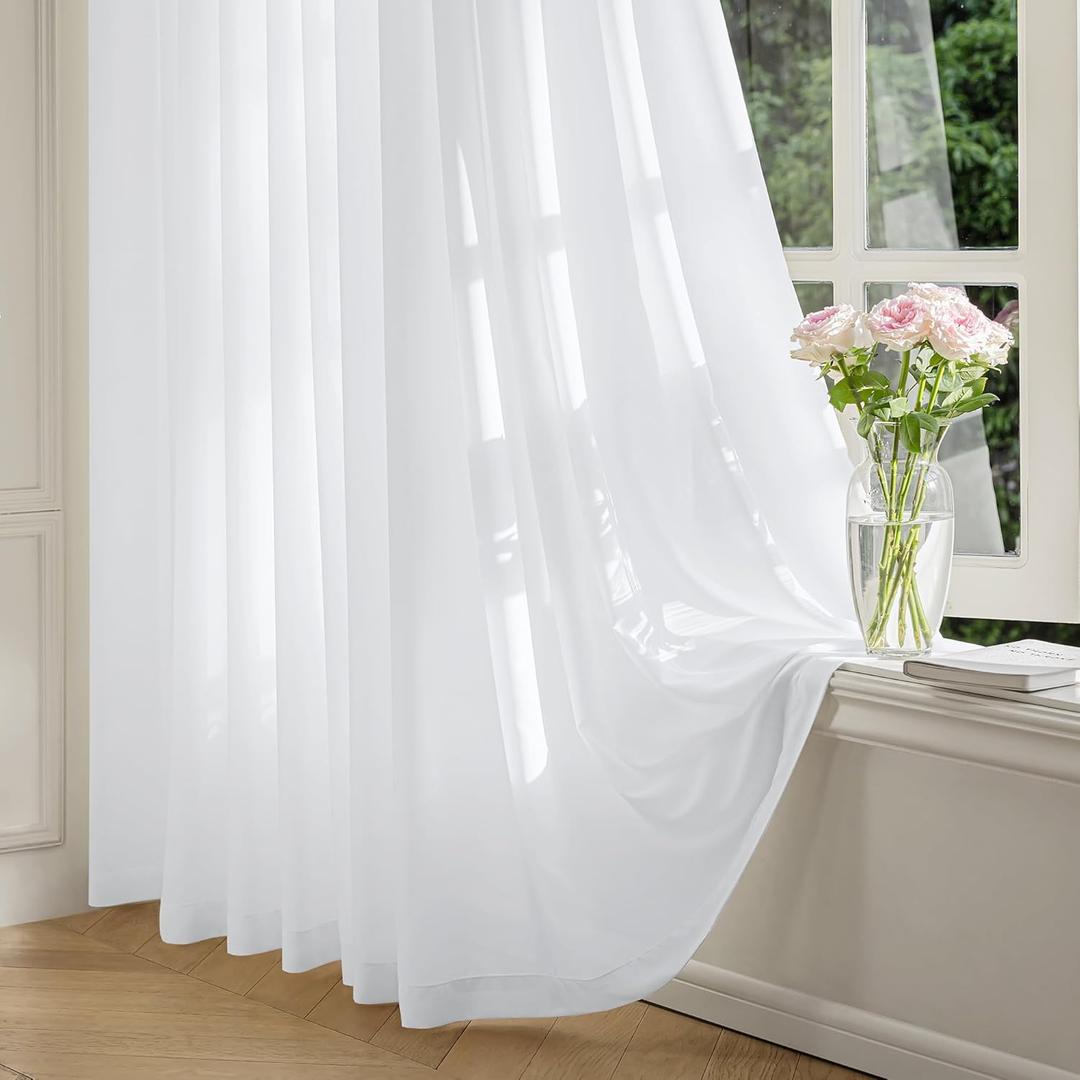 FMFUNCTEX Sheer Non-See-Through White Curtains for Bedroom, Faux Silk that Let Light Curtains 96 inches Long Light Filtering Privacy Sheer Window Drapes for Living Room, Rod Pocket 2 Panels Set