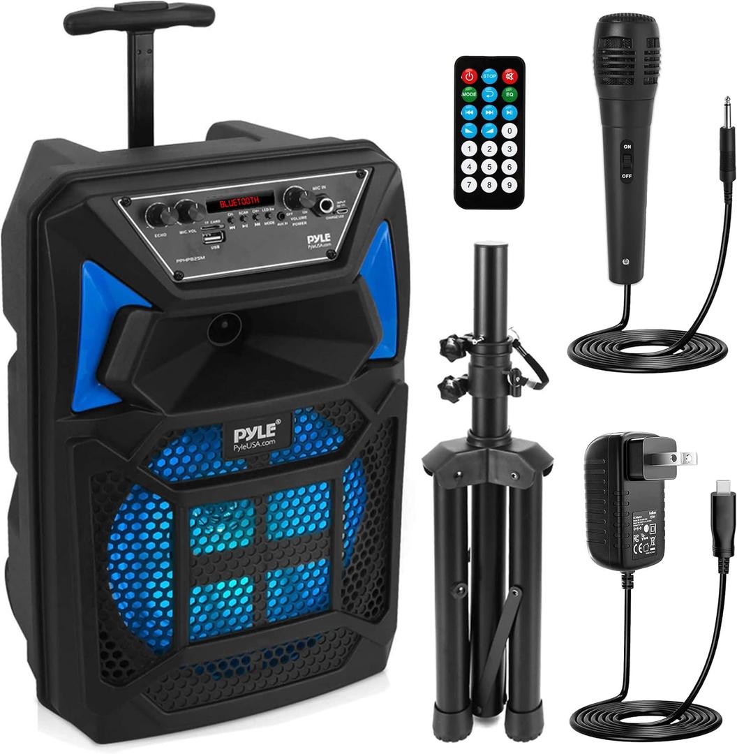 Pyle Portable Bluetooth PA Speaker System - 400W Outdoor Bluetooth Speaker Portable PA System w/Microphone in, Party Lights, MP3/USB SD Card Reader, FM Radio, Rolling Wheels - Mic, Remote - PPHP82SM