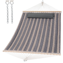 Double Quilted Hammock with Hardwood Spreader Bar, Extra Large Soft Pillow, Heavy Duty 2 Person Hammock for Indoor, Outdoor, Gray Stripes