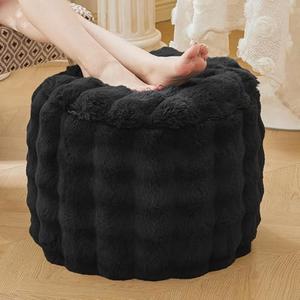 LIFEREVO Luxury Faux Rabbit Fur Round Inflatable Pouf Ottoman, 20 X 16 Fluffy Waffle Bubble Floor Poufs Foot Stool Rest Living Room Bedroom, Furry Pouf Ottoman Chair Seat Home Decor, Anti-Slip, Black