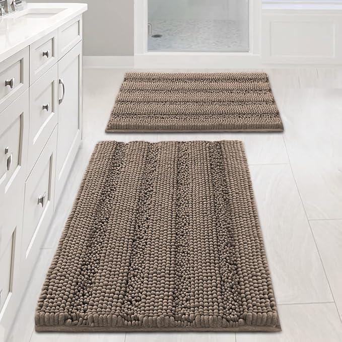 Bathroom Rugs Sets 2 Piece Non Slip Thick Shaggy Chenille Bathroom Rug Mat Set Extra Soft and Absorbent Striped Floor Rugs, Machine-Washable, Taupe Brown