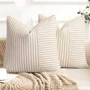Farmhouse Pillow Covers 16x16, Modern Accent Square Throw Pillow Covers Set of 2, Khaki and Beige Striped Patchwork Linen Decorative Pillows Cushion Covers for Couch Chair Bedroom Fall Decorations