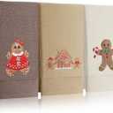 3 Pcs Christmas Gingerbread Man Hand Towels Farmhouse Gingerbread House Embroidered Brown Decorative Towels for Bathroom Kitchen Decor Winter Set, 100% Cotton, 13.4 x 29''
