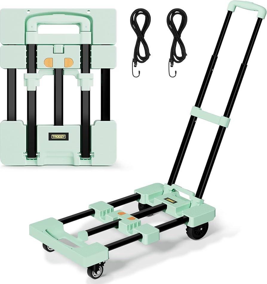 Folding Hand Truck, Dolly Cart with 4 Wheels (2 with Brake) & 2 Elastic Straps, 500 LB Heavy-Duty Trolly Cart for Moving, Travel, Luggage,Shopping, Office Use, Green