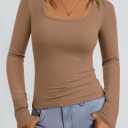 PRETTYGARDEN Square Neck Long Sleeve Shirts for Women | Soft Stretchy Ribbed Knit Basic Tees,Business Casual Work Tops,Layering Undershirt,Trendy Going Out Fall Outfits 2026 (Brown)