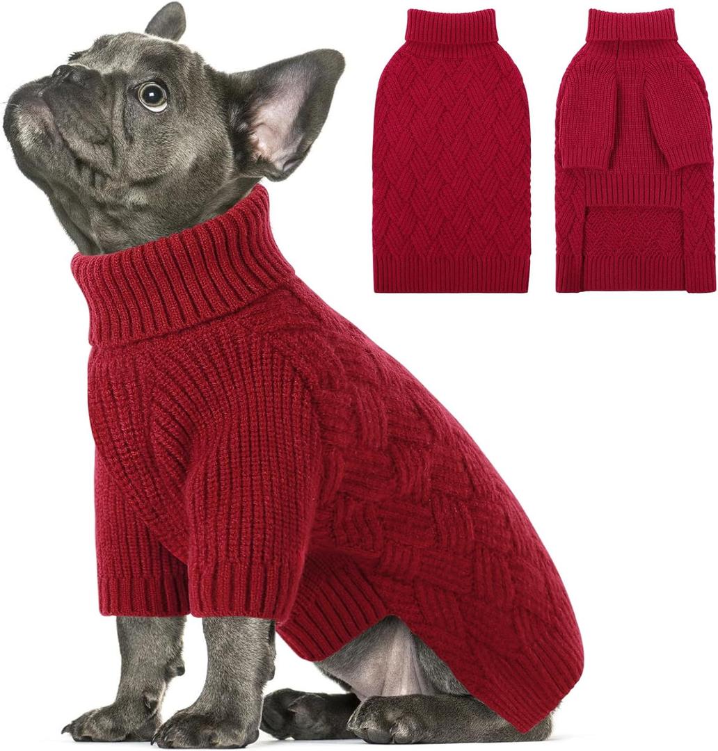 SUNFURA Small Dog Sweater Turtleneck for Cold Weather, Puppy Knitwear Pullover for Christmas Thanksgiving, Pet Winter Knitted Sweatshirt for Pug Dachshund, Boy Girl Dogs, Red, Small