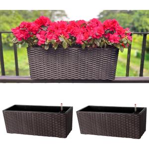 LaLaGreen Outdoor Rail Planter for Balcony (20 Inch, 2 Pack) Large Black Self Watering Railing Planters with Brackets, Rectangular Plastic Window Flower Box Fence Designer Choice with Rattan Pattern
