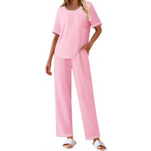 Ekouaer Cotton Pajamas Sets for Women Soft Contrast Piping Lounge Set 2 Piece Short Sleeve Pj Set with Pockets (Large, Pink)
